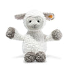 The Steiff Lita Lamb Stuffed Animal - 18" is a fluffy white plush with gray ears, feet, and hands, sitting upright with arms raised and a cheerful smile—an ideal children's gift.