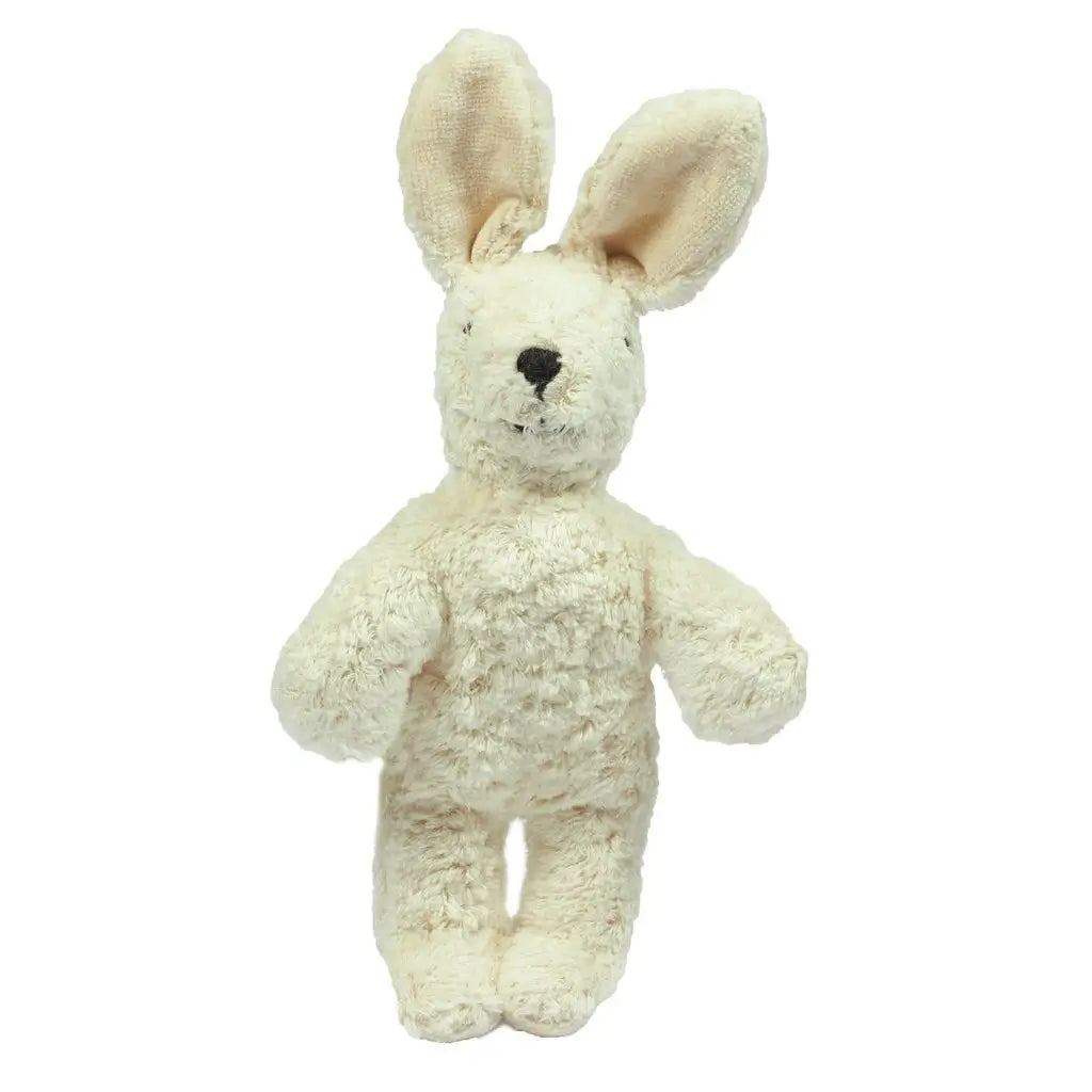 The Senger Naturwelt Stuffed Animal - White Bunny is a soft, plush rabbit handmade in Germany with cream-colored fur, upright ears, black stitched eyes, and a small black nose, shown standing against a plain white background.