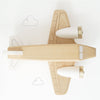 The Wooden Toy Plane, made from FSC-certified wood, is seen from above with drawn clouds in the background. Its light-toned, minimal design includes two white engines and is entirely plastic free—a charming eco-friendly toy.