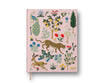 The Menagerie Embroidered Sketchbook features a pink cover with vibrant embroidered designs of a peacock, cheetah, crane, two deer, colorful flowers, and leafy plants in a whimsical decorative pattern.