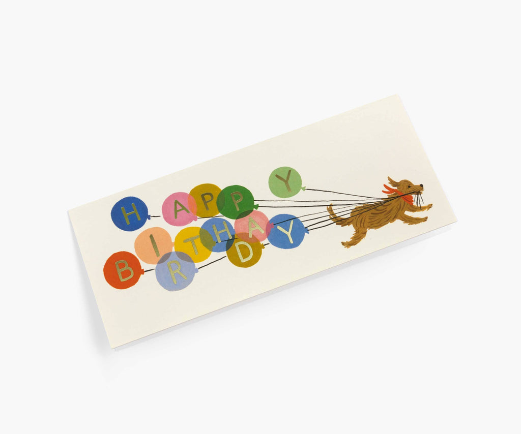 The Balloon Birthday No. 10 Card features a dog with colorful "HAPPY BIRTHDAY" letter balloons, elegant gold foil accents, and a blank inside for your personal message—perfect for any birthday celebration.