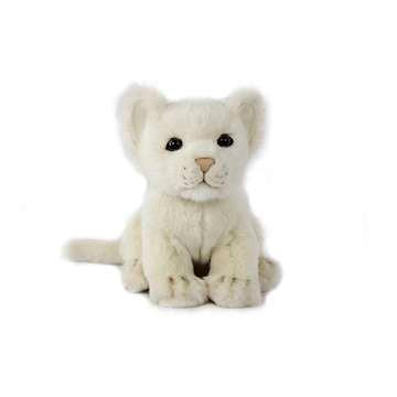 The Lion Cub Sitting Stuffed Animal, hand-sewn with soft fur, big black eyes, and a light brown nose, sits upright against a plain white background. Its realistic features enhance its cute and cuddly appearance.