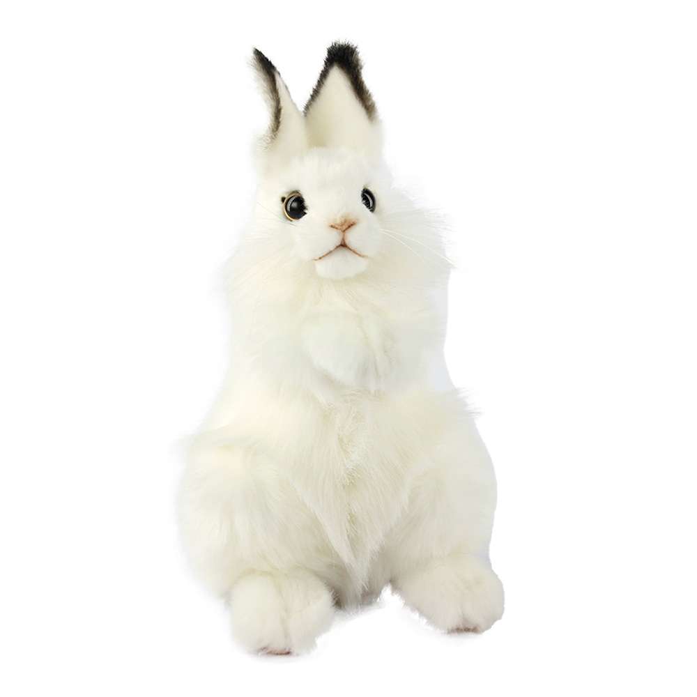 The White Bunny Stuffed Animal sits upright on a plain white background, featuring black-tipped ears, hand-sewn details, and realistic lifelike features that showcase its unique personality.