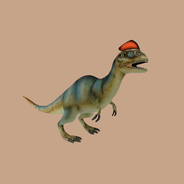 The Dilophosaurus Dinosaur Stuffed Animal stands proudly on two legs against a plain brown background, featuring a colorful, hat-like crest. Its realistic design and unique personality make it truly stand out.