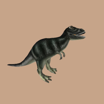 A depiction of a green Albertosaurus dinosaur stuffed animal with realistic features is standing on two legs against a light brown background, showcasing visible teeth, small arms, and a long tail.