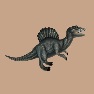 The Spinosaurus Dinosaur Stuffed Animal features a 3D illustration of a Spinosaurus with a sail on its back and an elongated snout. Its mouth is slightly open, and its tail extends against a plain beige background, resembling an artisanal design.