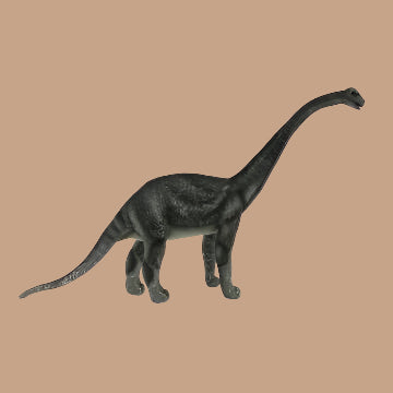The Diamantinasaurus Dinosaur Stuffed Animal is a handcrafted model with realistic features, such as a dark grey body and a long tail, set against a plain beige background.