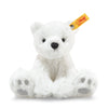 The Steiff Lasse Polar Bear Stuffed Animal - 11" is a white plush bear sitting upright with black eyes, a black nose, gray paw pads, a fluffy texture, and a yellow tag in its left ear.