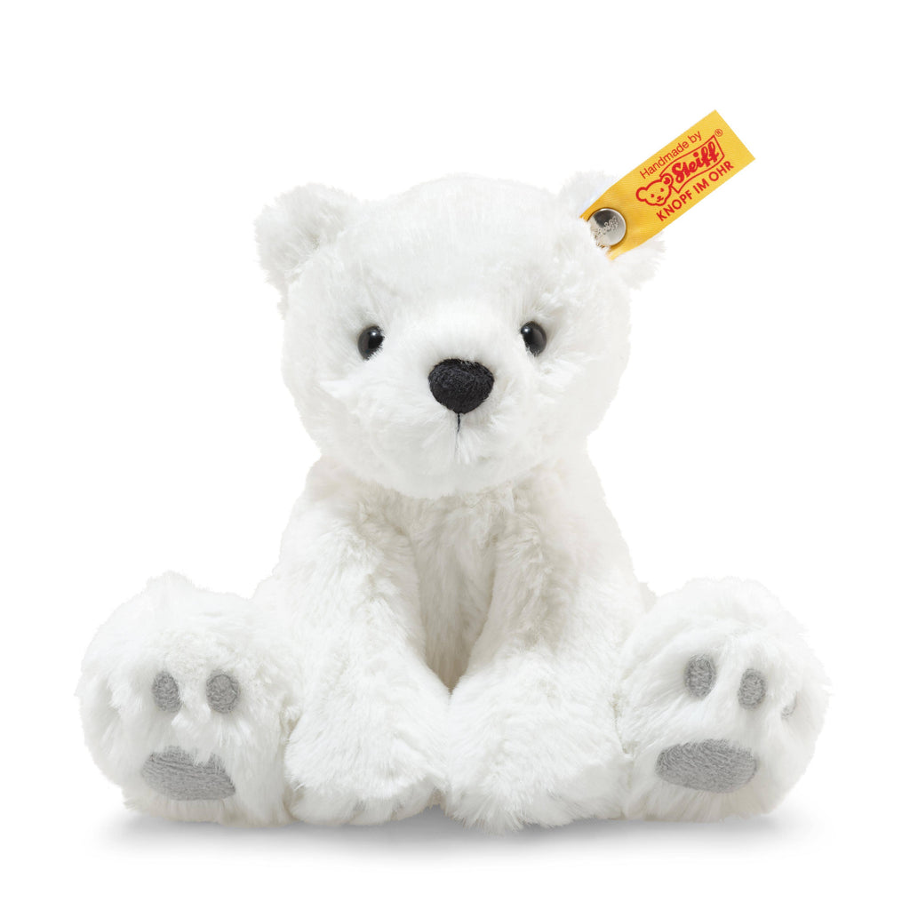 The Steiff Lasse Polar Bear Stuffed Animal - 11" is a white plush bear sitting upright with black eyes, a black nose, gray paw pads, a fluffy texture, and a yellow tag in its left ear.