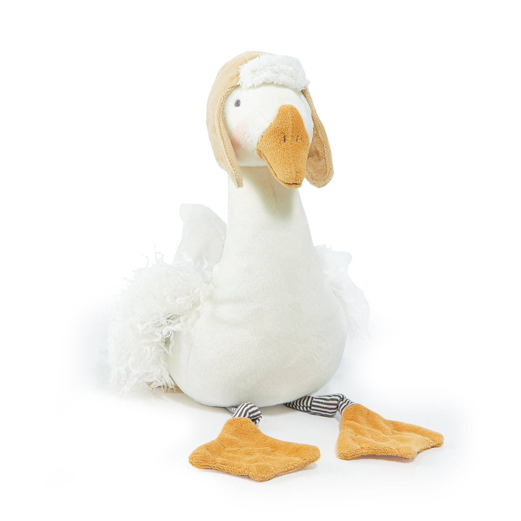 Avery the Aviator Snow Goose Stuffed Animal features a fluffy body, soft orange beak, and sits upright. It wears fabric aviator goggles on its head and has striped fabric legs with orange webbed feet.