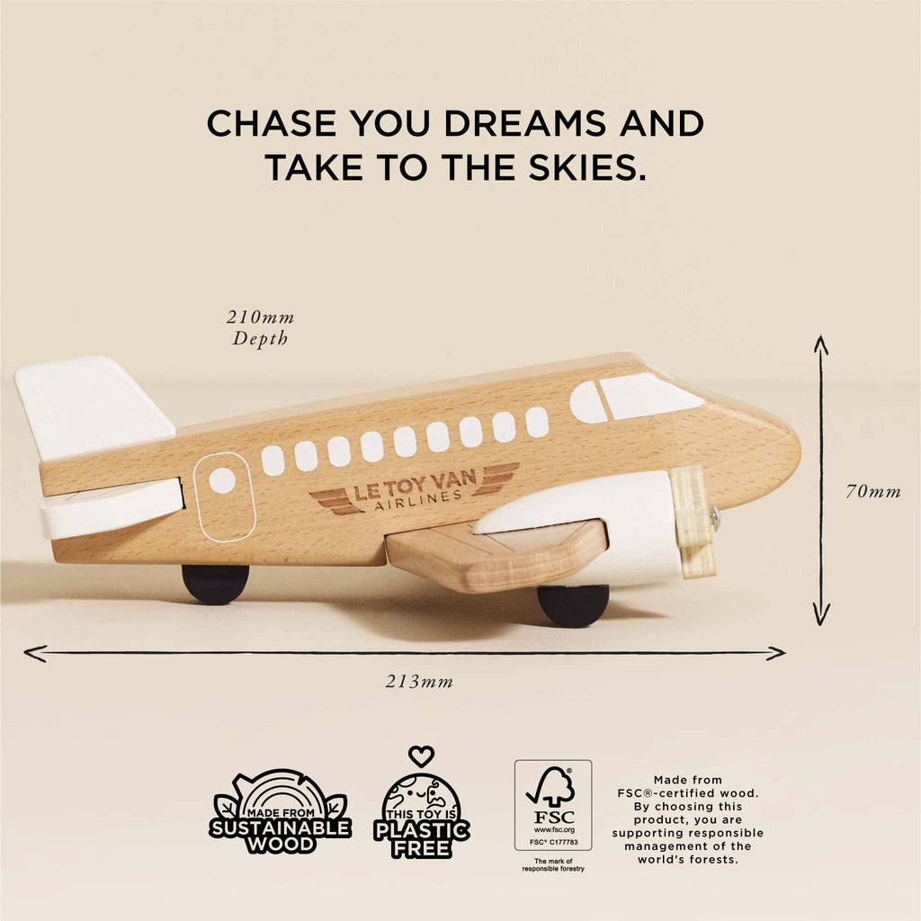 A plastic-free Wooden Toy Plane labeled "LETOVAN AIRLINES" sits on a beige background, dimensions 213mm (L) × 210mm (D) × 70mm (H). Above, the text reads: "CHASE YOUR DREAMS AND TAKE TO THE SKIES.