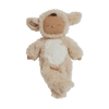 Introducing the Cozy Dinkum Doll - Lamby Picket: a snug companion with a brown face, closed eyes, and fuzzy cream lamb costume featuring large ears and a white belly. This plush makes an ideal Easter gift, providing endless cuddles from the delightful Olli Ella collection.