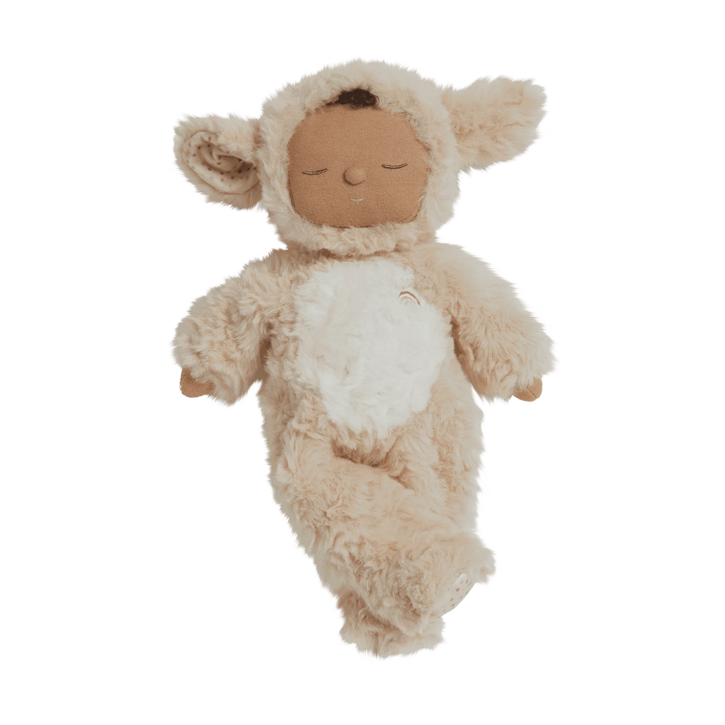 Introducing the Cozy Dinkum Doll - Lamby Picket: a snug companion with a brown face, closed eyes, and fuzzy cream lamb costume featuring large ears and a white belly. This plush makes an ideal Easter gift, providing endless cuddles from the delightful Olli Ella collection.