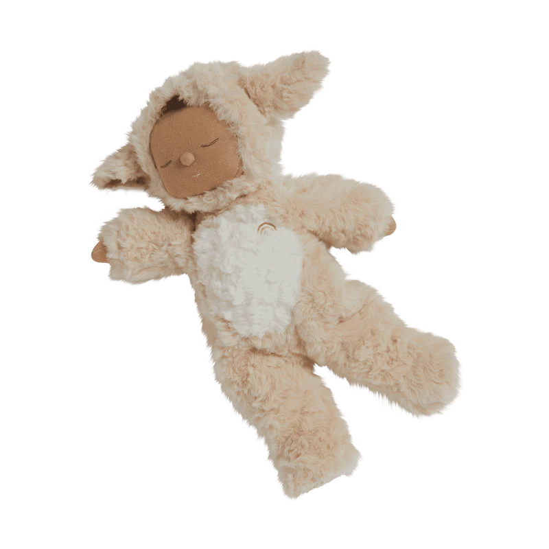 The Olli Ella Cozy Dinkum Doll - Lamby Picket is a perfect Easter gift: a plush shaped like a sleeping baby, dressed in a soft, furry beige lamb costume with cute ears and a white belly.