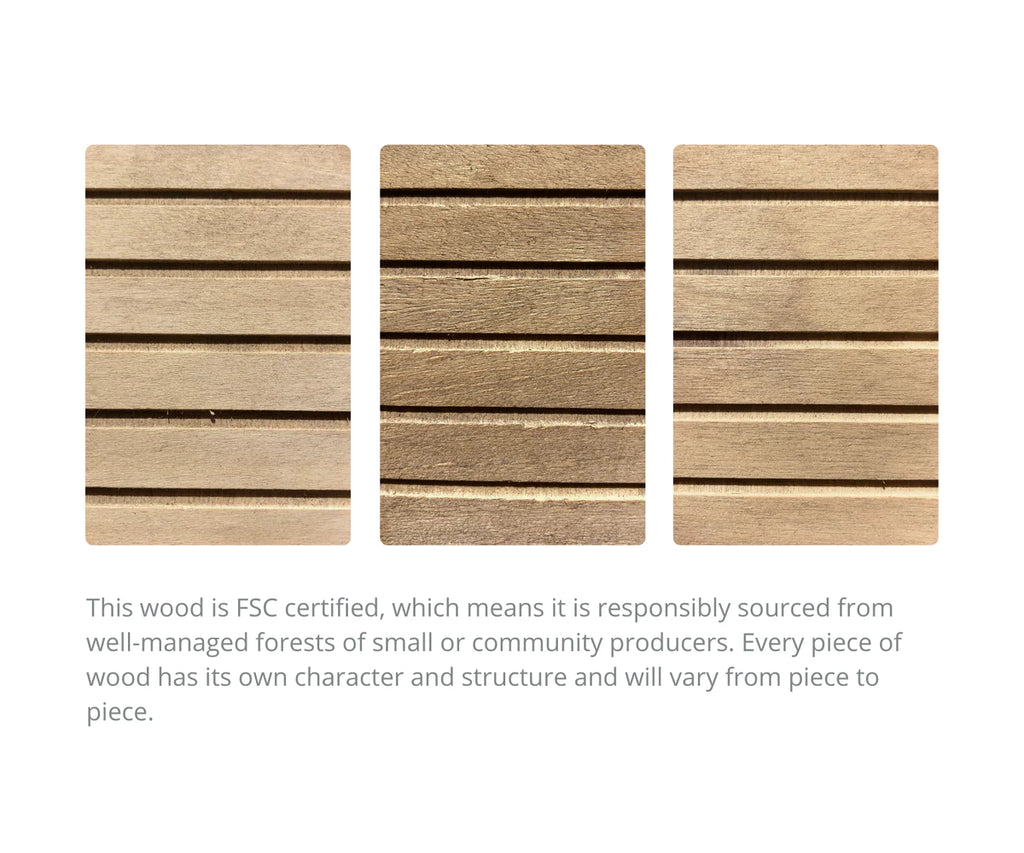 Three vertical wooden panels with horizontal grooves are shown. Each panel has a unique texture and grain pattern. Below the panels, text indicates the wood is FSC certified, responsibly sourced, perfect for a Maileg | Miniature Garden Table Set, and highlights that individual wood pieces vary in character and structure.