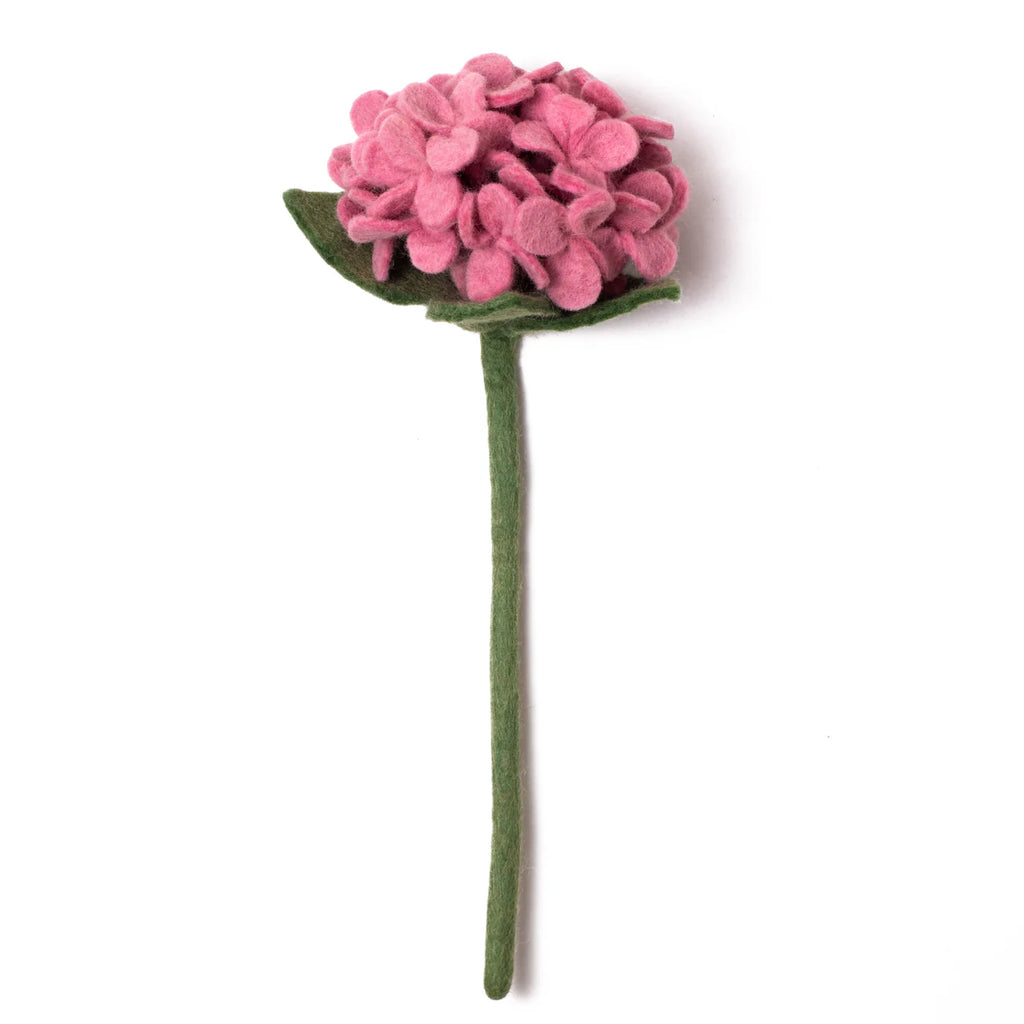 The Basket Of Felt Flowers - Hydrangea showcases a long green stem with pink petal clusters, crafted using eco-friendly dyes against a white backdrop.