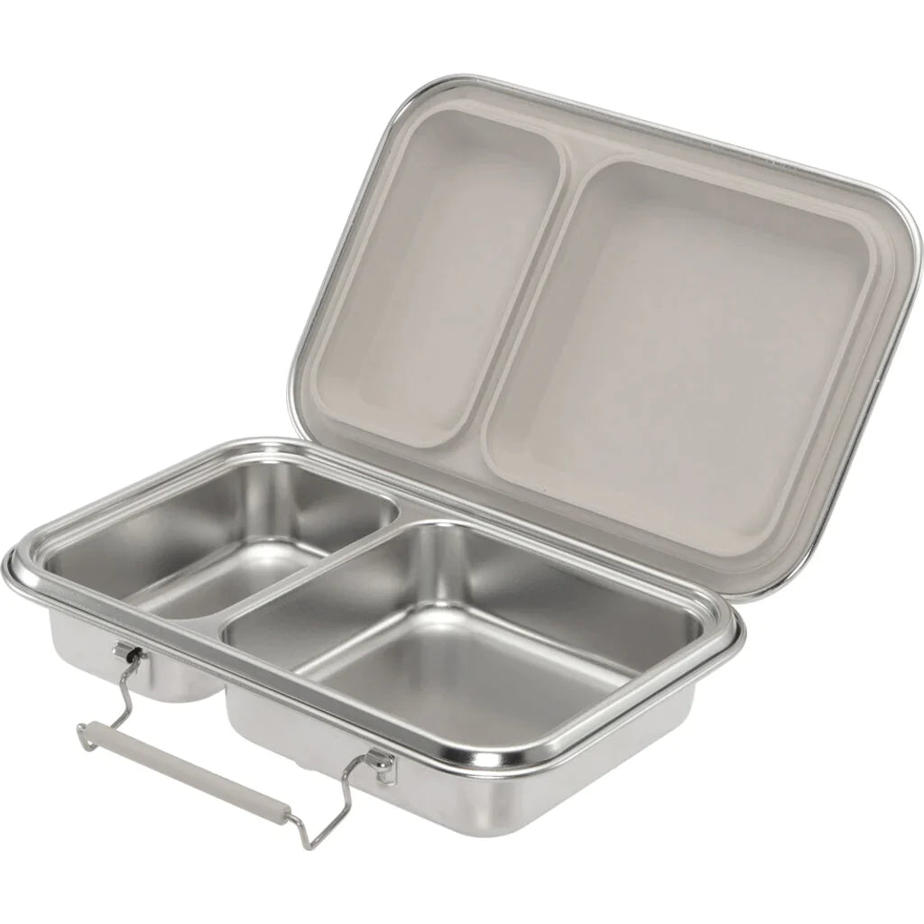 The Haps Nordic - Stainless Steel Lunch - Two Compartments features three separated compartments: two smaller ones and one larger. The lid is shown open, revealing the compartments inside. The lunch box also has a handle for easy carrying.