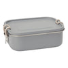 A rectangular, grey, BPA-free lunchbox with a secure lid, featuring two beige clip fasteners on either side to keep it closed. The Haps Nordic - Stainless Steel Lunch Box - Ocean has rounded edges and a smooth exterior.