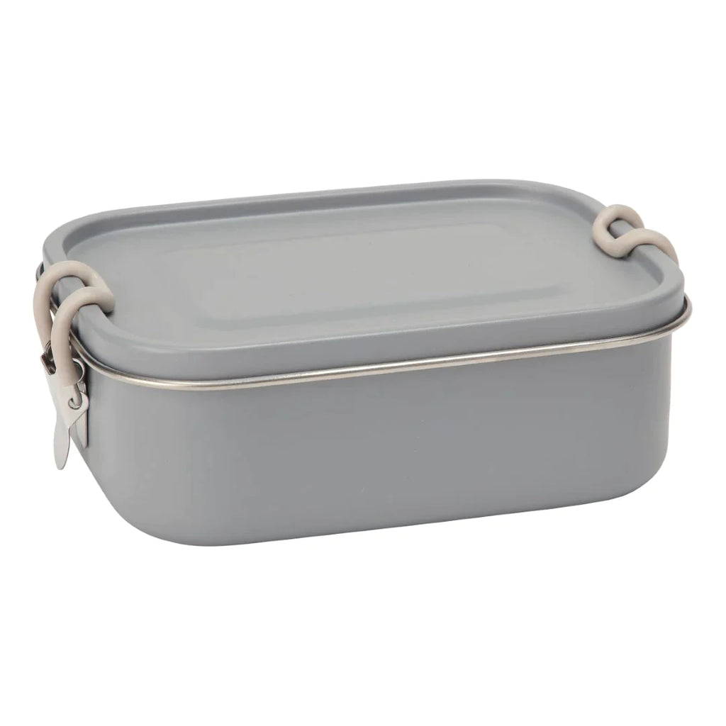 A rectangular, grey, BPA-free lunchbox with a secure lid, featuring two beige clip fasteners on either side to keep it closed. The Haps Nordic - Stainless Steel Lunch Box - Ocean has rounded edges and a smooth exterior.