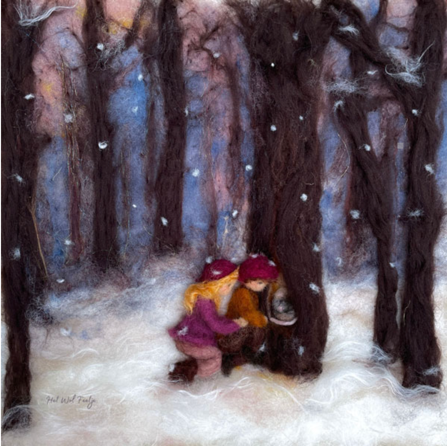 Two children wearing vibrant outfits gaze into a tree hollow amidst a snowy forest. Snowflakes softly descend, forming enchanting silhouettes against the dusk-colored sky and towering trees. The scene, ideal for decorative purposes, resembles needle-felted art and is captured in the "Silhouette Only - Winter Discoveries for Toverlux Lamp" product, which ships in approximately one week.