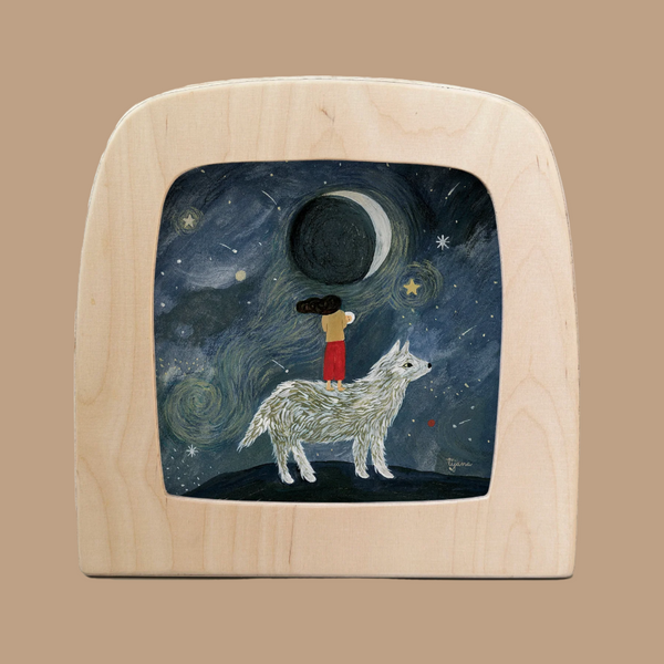 The Silhouette Only - Mother Wolf for Toverlux Lamp features a girl on a white wolf reaching for a crescent moon under starry skies, with swirling patterns and magical silhouettes creating an enchanting atmosphere.