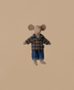 The Maileg Dad Mouse - Light Brown, dressed in a plaid jacket, checked shirt, and denim shorts, stands against a plain beige background. This charming stuffed toy has round ears and a simple stitched face, making it perfect for any child's collection. Ships in one week.