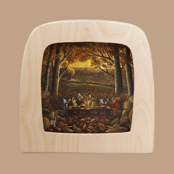 The "Silhouette Only - November for Toverlux Lamp" features a wooden frame painting of woodland creatures dining amid autumn trees, bathed in golden light that evokes a cozy, nostalgic ambiance.