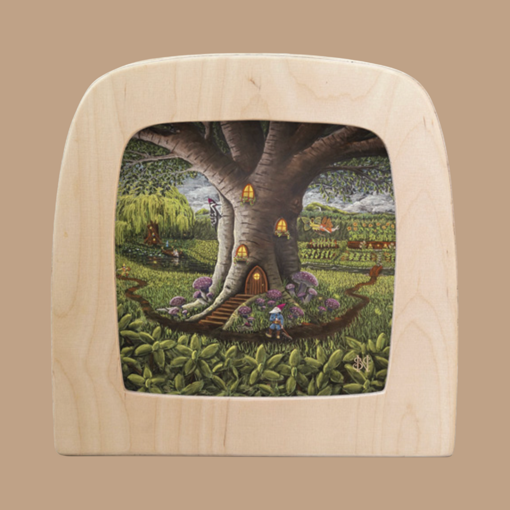 Illustration of a Toverlux-enchanted treehouse with glowing elements, set in a lush garden. A small figure stands by the door, while scenic hills and trees create Magic Silhouettes against the backdrop, reminiscent of "Silhouette Only - September for Toverlux Lamp.