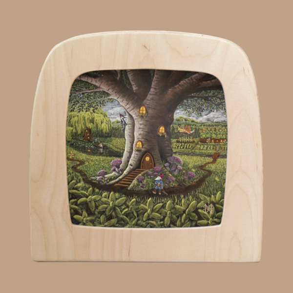 Illustration of a Toverlux-enchanted treehouse with glowing elements, set in a lush garden. A small figure stands by the door, while scenic hills and trees create Magic Silhouettes against the backdrop, reminiscent of "Silhouette Only - September for Toverlux Lamp.