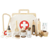 The Pretend Play Animal Vet Set comes with a canvas bag marked with a red cross and includes a toy stethoscope, syringe, thermometer, medicine bottles, paw balm, and more—ideal for veterinary career role play.