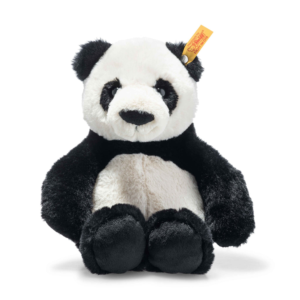 The Steiff Ming Panda Stuffed Animal - 11" features soft black and white fur, round ears, and a yellow tag on its left ear, sitting upright against a white background.