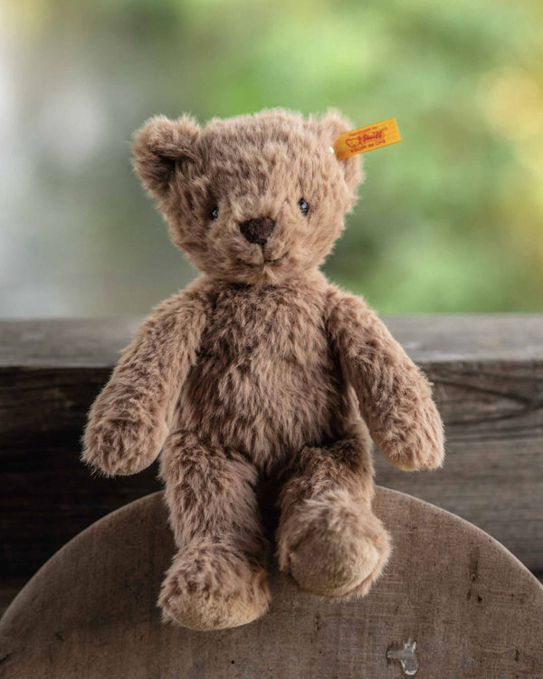 The Steiff Thommy Teddy Bear Brown Plush Toy, 8 inches, with Steiff’s signature yellow tag in its ear, sits on a wooden surface in front of a rustic fence and a softly blurred green and yellow background.