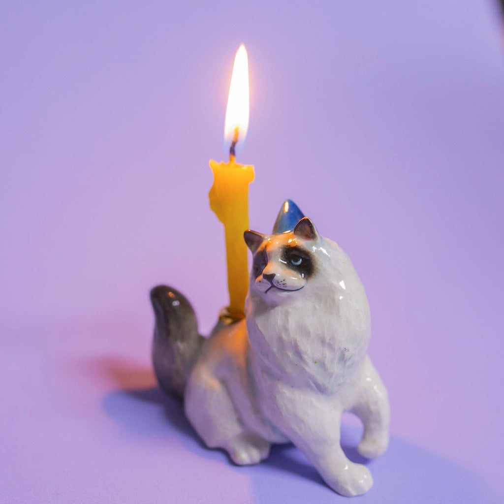 Set against a purple backdrop, the Ragdoll Cat Cake Topper is a ceramic figurine with fluffy white fur, dark accents on its face and paws, and a small lit yellow candle on its back—ideal for cat-themed parties.