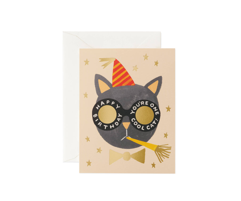 The Birthday Cat Card features a metallic foil-stamped black cat in a party hat, bow tie, and gold glasses with “HAPPY BIRTHDAY YOU’RE ONE COOL CAT!” Blank inside; envelope included.