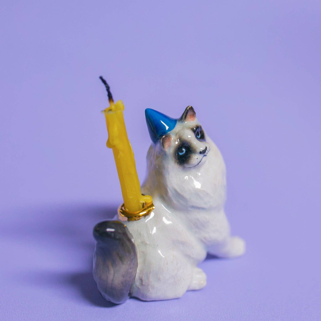 This charming Ragdoll Cat Cake Topper is a ceramic figurine with a fluffy tail, blue party hat, and yellow birthday candle against a lavender background—ideal for cat-themed parties.