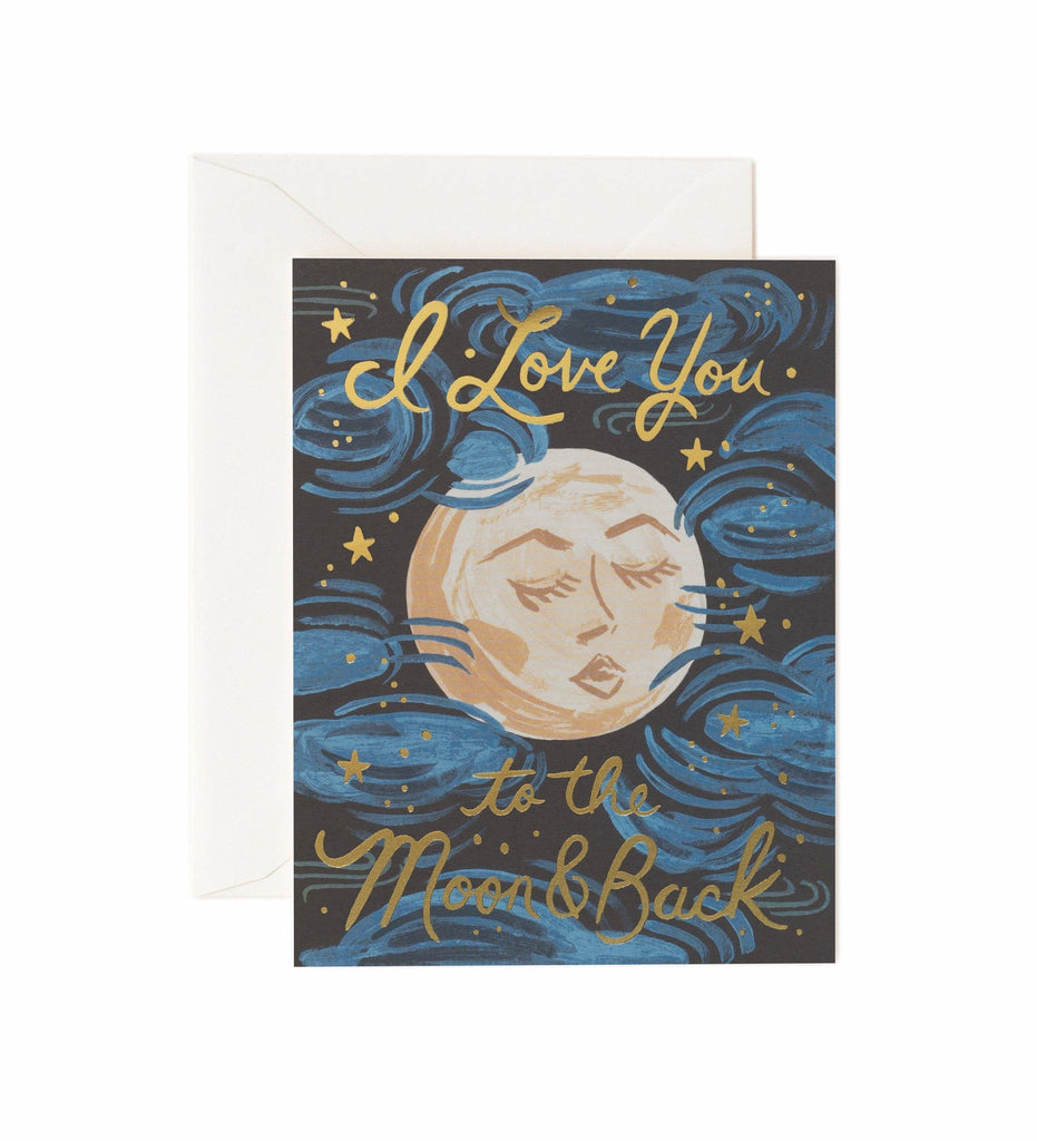 The To the Moon and Back Card features a moon with a face, blue swirls, and stars. “I Love You to the Moon & Back” is in metallic gold foil. The card is blank inside for your message and comes with an envelope.