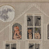 This Haunted House Advent Calendar features embroidered artwork of a spooky house under a full moon. The house has four windows showcasing different creatures: two display figures in costumes, while the other two reveal cats. Black bats flutter both in and out of the windows, enhancing the Halloween tricks and treats atmosphere.