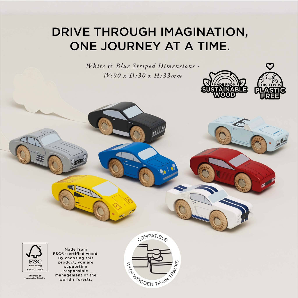 The Classic Wooden Sports Cars are showcased in white, blue-striped, yellow, red, and black. Made from FSC-certified wood and plastic-free, these vibrant toy cars emphasize sustainability and are compatible with train tracks. The FSC logo is prominently displayed.