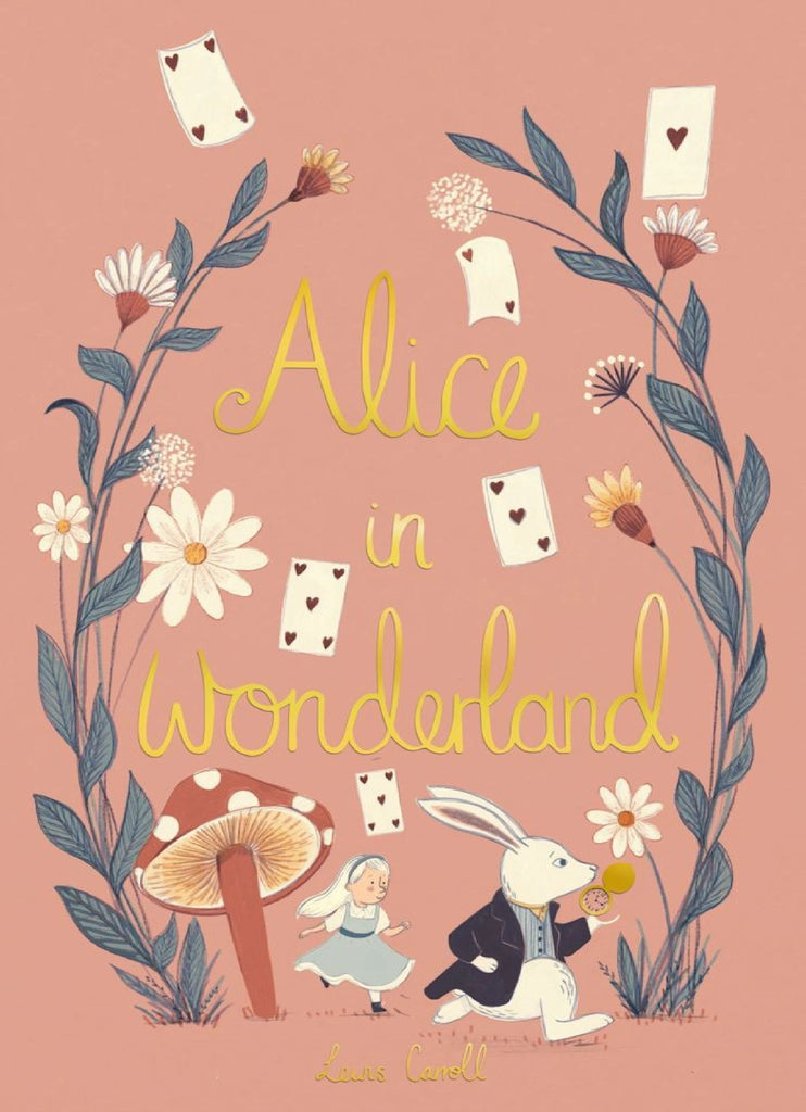 This Collector's Edition hardcover book features "Alice in Wonderland" cover art showing Alice and the White Rabbit running among playing cards, flowers, and a mushroom, with the title elegantly displayed in yellow on a pink background.