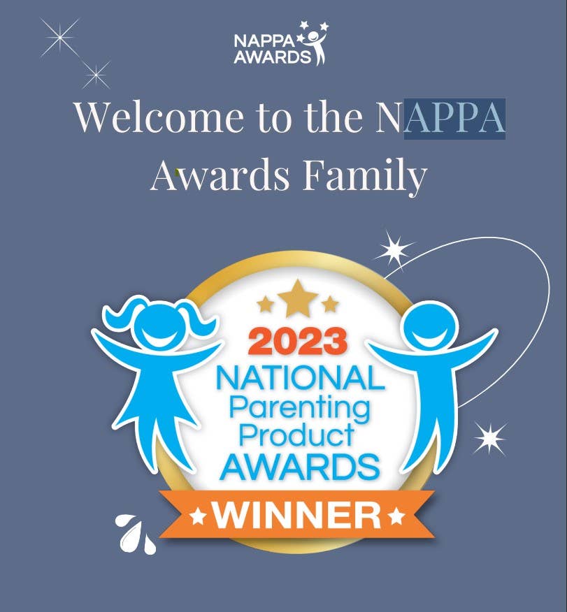 Graphic for the 2023 National Parenting Product Awards winner, featuring blue icons of a child and parent, gold stars, and "Welcome to the NAPPA Awards Family." Showcases Snuggleluvs Brown Bear Weighted Stuffed Animal 15" by Wild Republic as an award-winning plush.