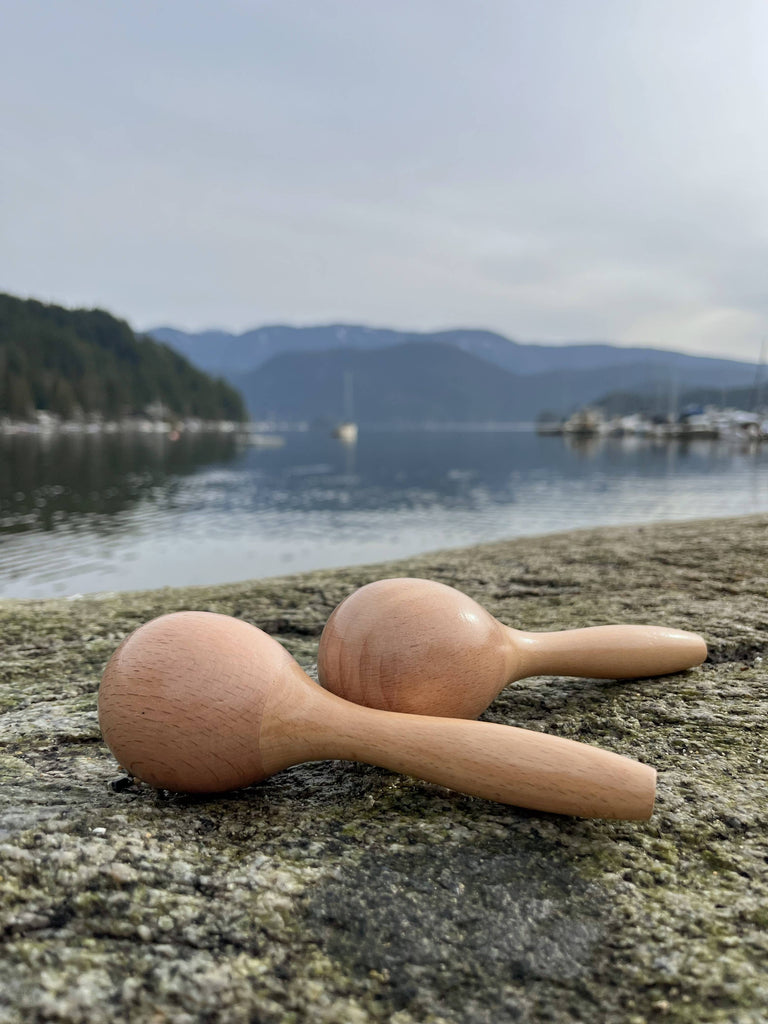 Two Handmade Wooden Maracas for babies and toddlers sit on a rock by a tranquil lake, their natural sounds resonating amid forested hills and distant mountains under a cloudy sky.