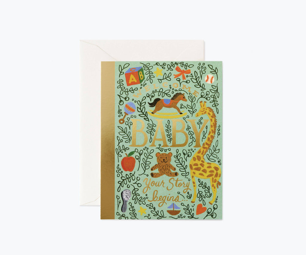 The Storybook Baby Card features colorful animal, baby block, and leaf illustrations. "BABY" appears in gold foil with "Your story begins" below. This card is blank inside and comes with a white envelope.