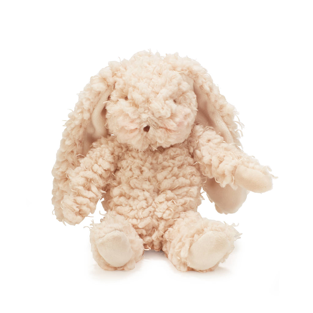 Harey the Bunny is a plush toy with fluffy, curly cream-colored fur, long ears, and an adorable vintage look. Its embroidered features add charm as it sits upright on a plain white background.