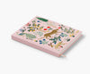 The Menagerie Embroidered Sketchbook is a pink hardcover journal with colorful floral embroidery, including peacock, leopard, and foliage designs, and features a handy ribbon bookmark.