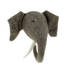 A Handcrafted Felt Elephant with Tusks Wall Decor - Large featuring large ears and white tusks, crafted from gray felt fabric, displayed against a plain white background.