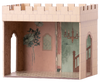 The Maileg Fairytale Set features a vintage miniature room with pink and green floral wallpaper, a chandelier, decorative archway, checkered floor, and castle-like battlements—perfect for creating a magical atmosphere.
