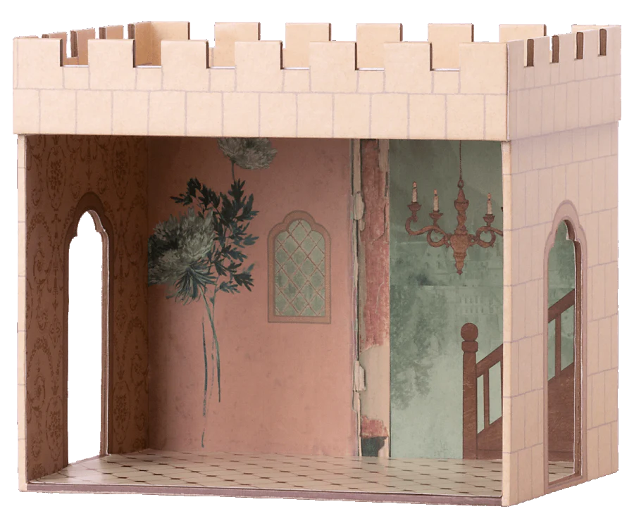 The Maileg Fairytale Set features a vintage miniature room with pink and green floral wallpaper, a chandelier, decorative archway, checkered floor, and castle-like battlements—perfect for creating a magical atmosphere.