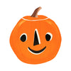 The Meri Meri It's Halloween! Plates are Halloween-themed paper plates designed to look like orange jack-o'-lanterns with a friendly face, featuring round eyes, a triangular nose, and a wide smile. These vintage-look plates also include a small brown stem at the top.