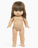 The Minikane Standing Doll (14") - Chléa With Clothing & Shoes features medium-length brown hair with bangs, articulated limbs, a neutral expression, and a gentle vanilla scent, enhancing its lifelike appeal. Displayed against a plain white background, it captures realistic charm.