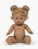 The Minikane Baby Doll (13") - Louise features brown skin, curly light brown hair in two buns, blue eyes, pink lips, outstretched hands and feet, and anatomically correct details. It has a natural vanilla scent and sits upright against a plain white background with outfit & sunglasses.